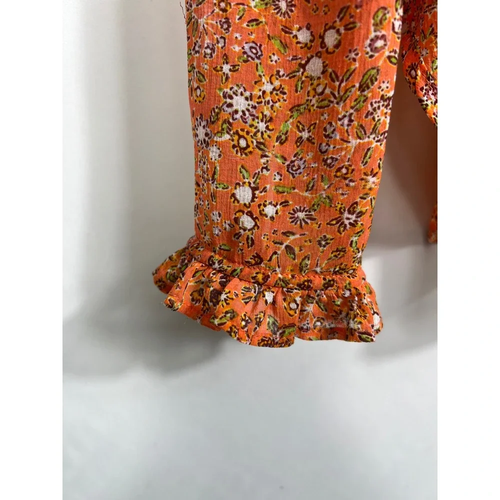 Free People Lela Orange Floral Smocked Yoke Ruffle Neck Tie‎ Blouse S OB1010657